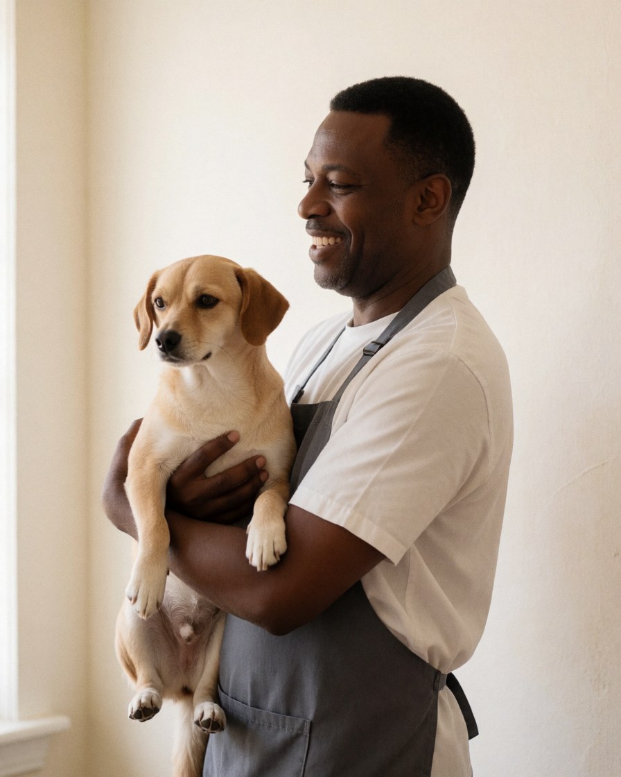 A smiling groomer holds a freshly groomed dog in a bright salon with white walls and natural light.