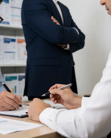 Standing financial advisor with crossed arms watches client seated at desk signing papers in office with report shelves