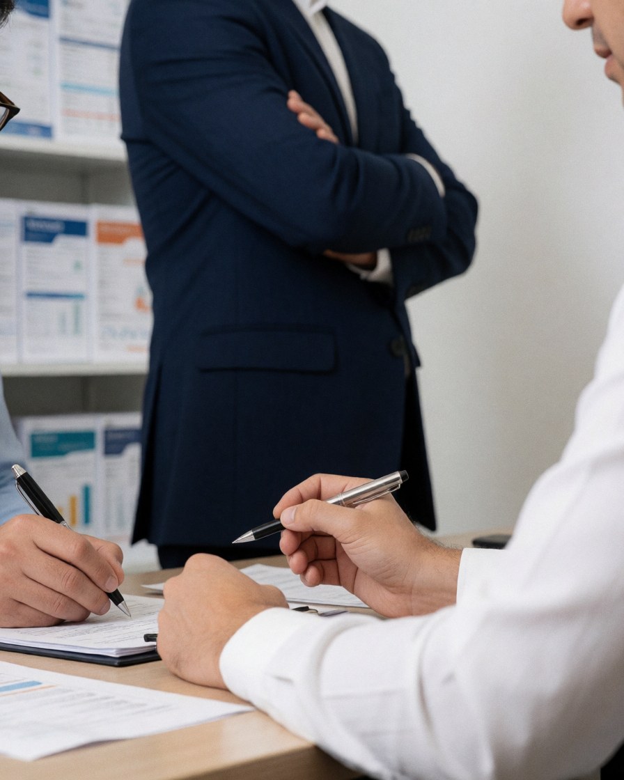 Standing financial advisor with crossed arms watches client seated at desk signing papers in office with report shelves