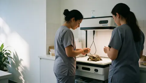 Two veterinary professionals examining a turtle in a modern clinic with medical equipment and natural light