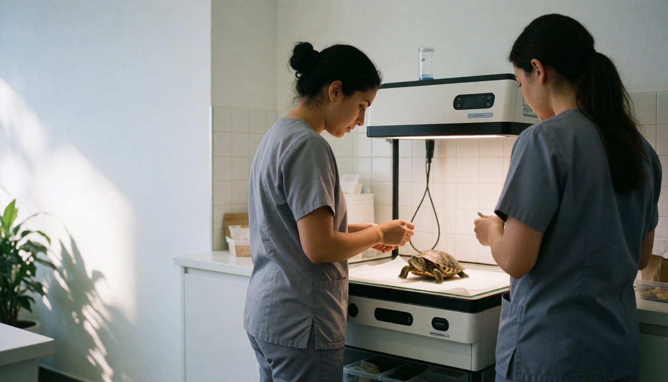 Two veterinary professionals examining a turtle in a modern clinic with medical equipment and natural light