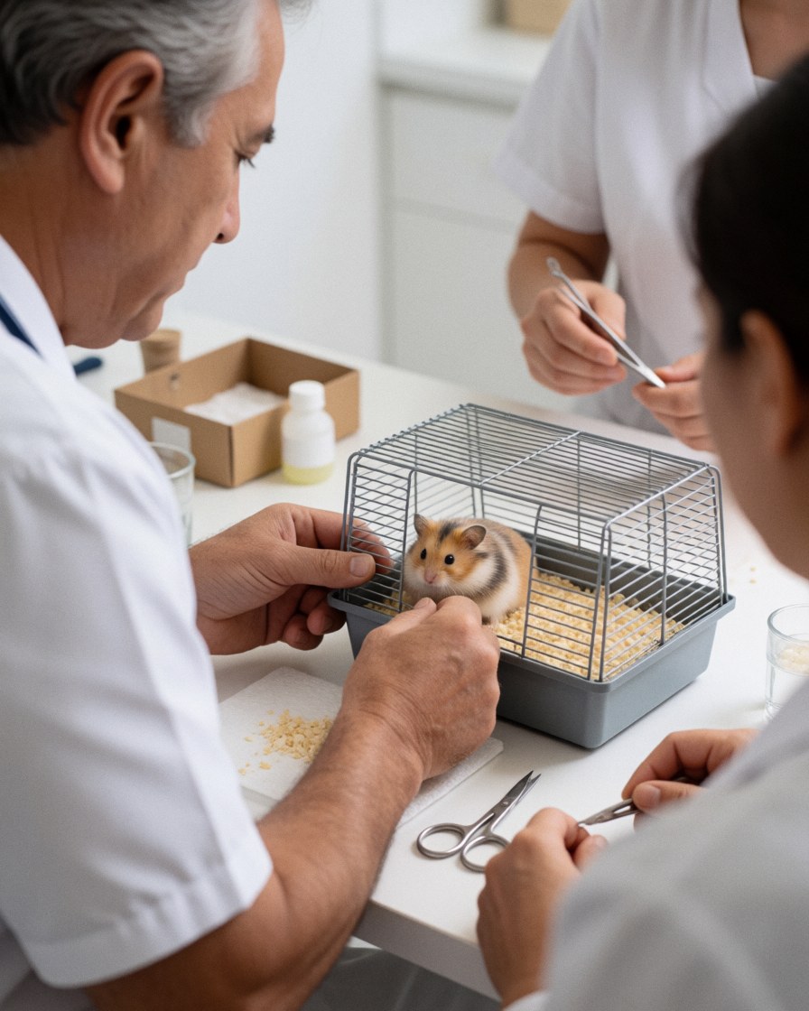 A veterinarian examines a hamster in a cage on a white table while an assistant prepares tools in a clean clinical setting.