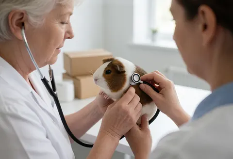 A veterinarian performs a health checkup on a pet hamster and guinea pig using a stethoscope in a clinic setting