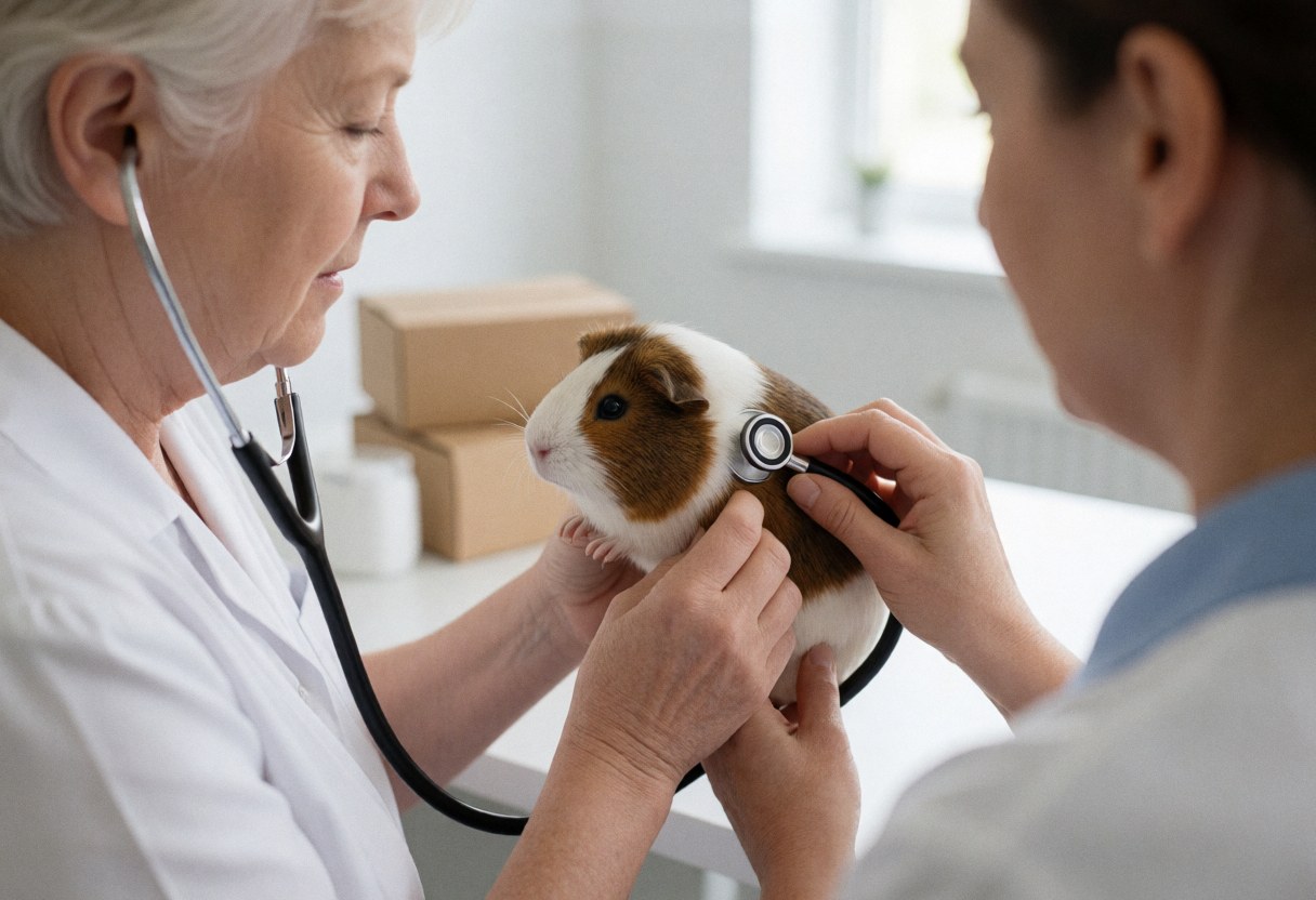 A veterinarian performs a health checkup on a pet hamster and guinea pig using a stethoscope in a clinic setting