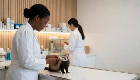 A ferret lying on a wooden examination table in a veterinary clinic, surrounded by medical instruments and a first aid kit under bright lighting