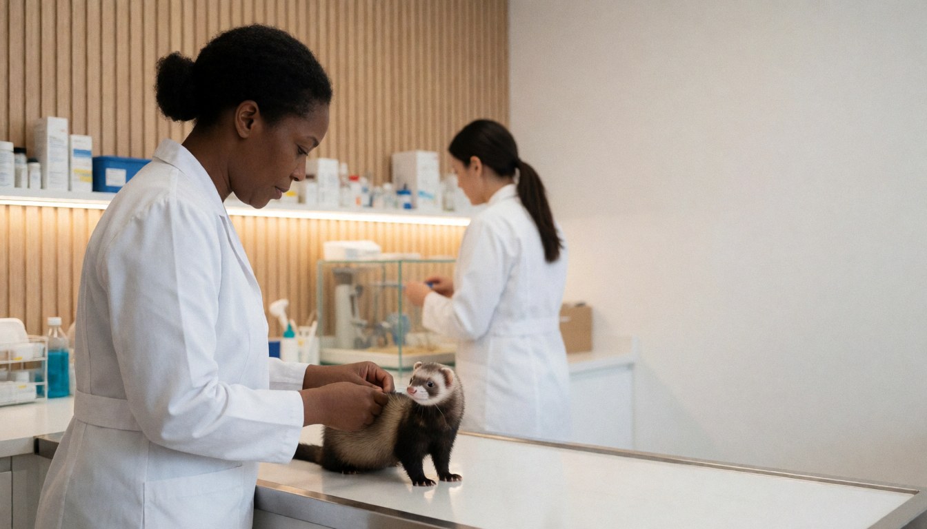 A ferret lying on a wooden examination table in a veterinary clinic, surrounded by medical instruments and a first aid kit under bright lighting