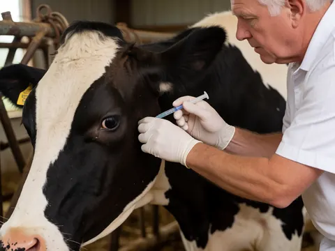 A gloved veterinarian administers a vaccine to a calm dairy cow on a rural farm.