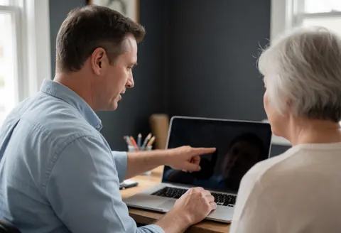 IT support technician pointing at a laptop screen while explaining its use to a client in a home office setting.