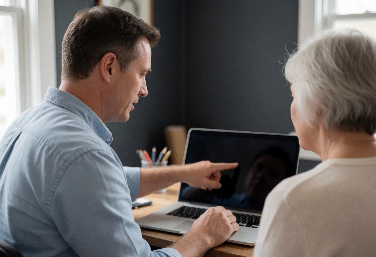IT support technician pointing at a laptop screen while explaining its use to a client in a home office setting.