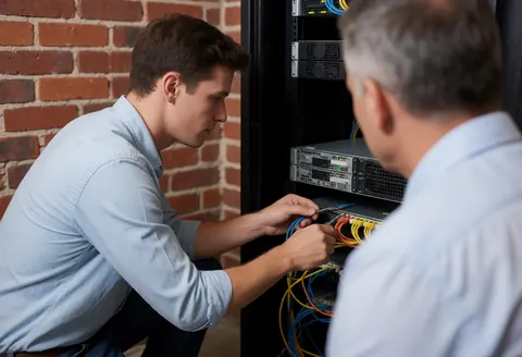 A young IT technician connects network cables in a server rack while an older client observes closely in a professional data center environment.