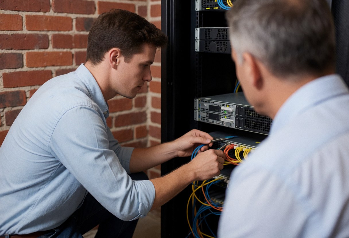 A young IT technician connects network cables in a server rack while an older client observes closely in a professional data center environment.