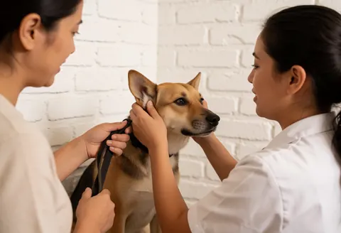 A female veterinarian checks a dog's ears while the owner holds the leash in a clinic with a white brick wall.