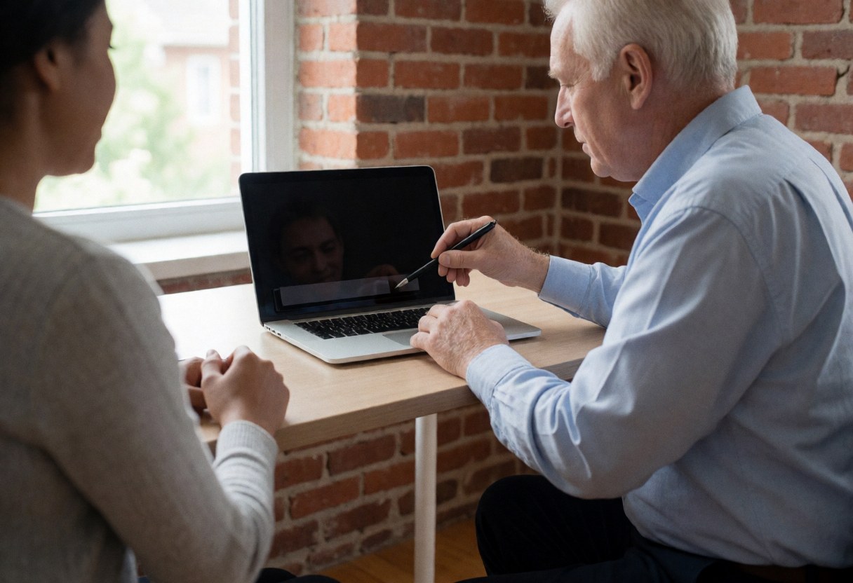 A professional technician installs software on a laptop in a bright office with brick walls and natural light.
