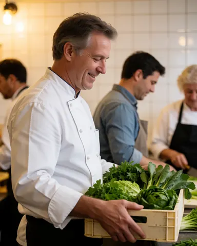 A smiling chef holds a box of fresh vegetables in a kitchen with white tiled walls while other chefs work in the background.
