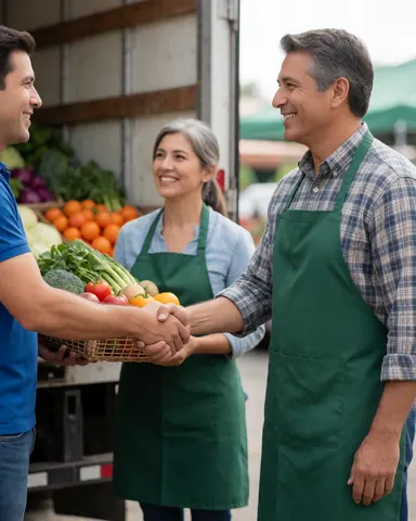 A smiling farmer in a hat holds a basket of fresh vegetables like tomatoes and broccoli while celebrating a successful product delivery outdoors.