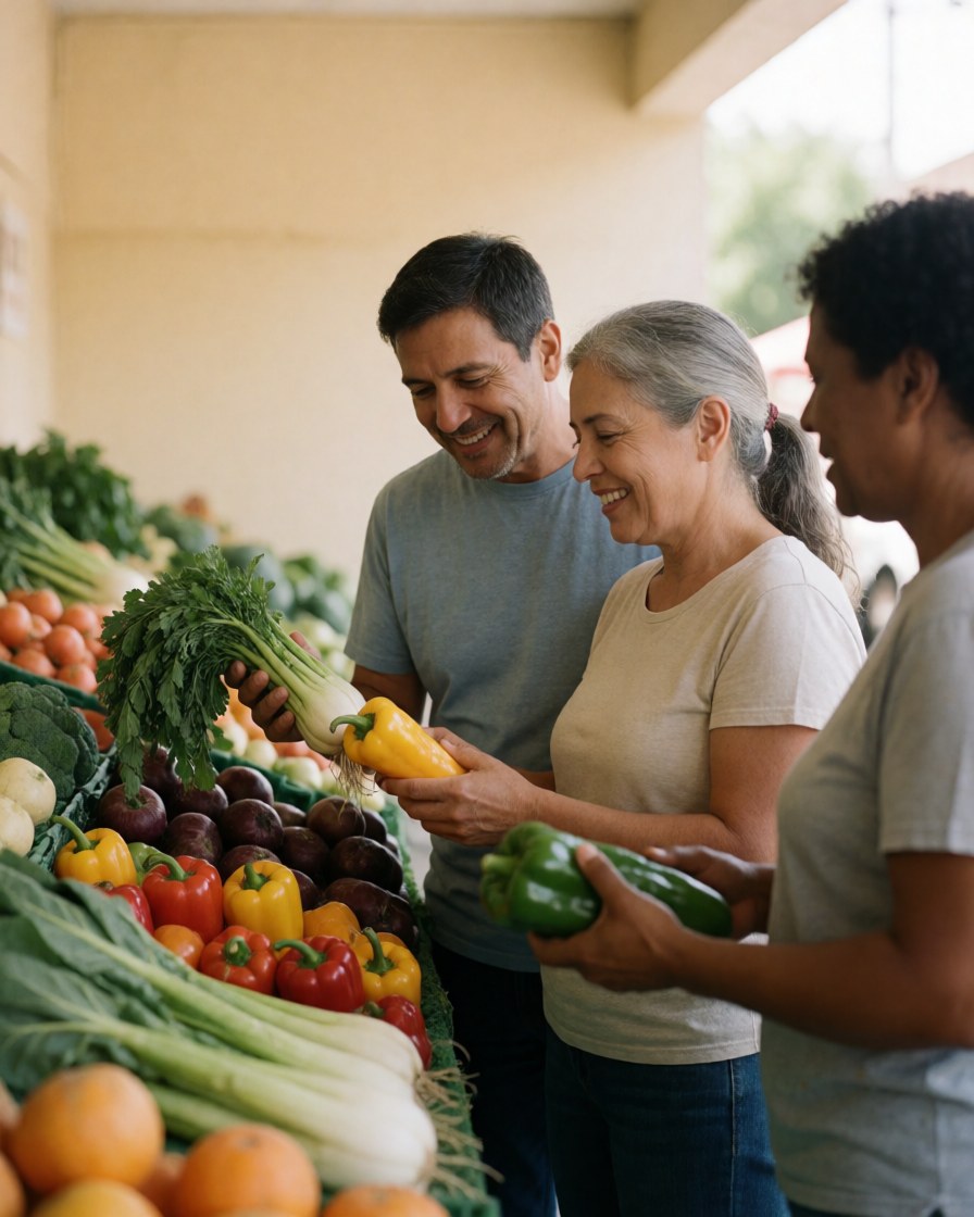 A smiling couple selects fresh peppers and vegetables at a market stand with natural light and vibrant colors.