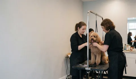 Two groomers working together to cut a poodle's hair in a bright canine salon with light walls and a work table