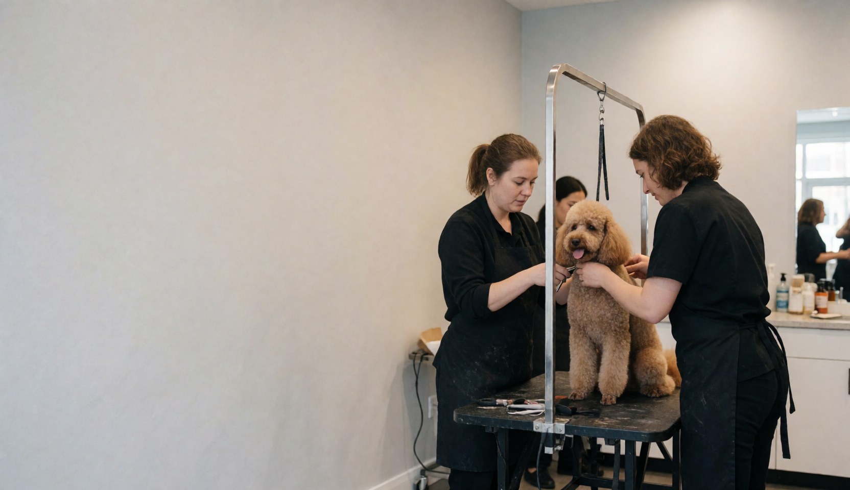 Two groomers working together to cut a poodle's hair in a bright canine salon with light walls and a work table