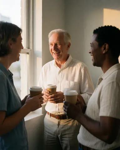 A group of professional financial advisors standing together and conversing in a bright office setting near a window, holding coffee cups and smiling while discussing business matters.