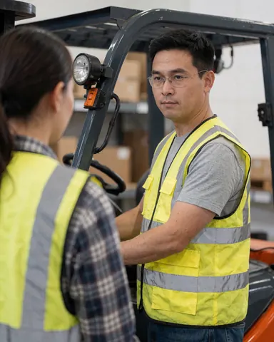 A worker operating a forklift inside a logistics warehouse, handling cargo and ensuring safe material movement within the facility.