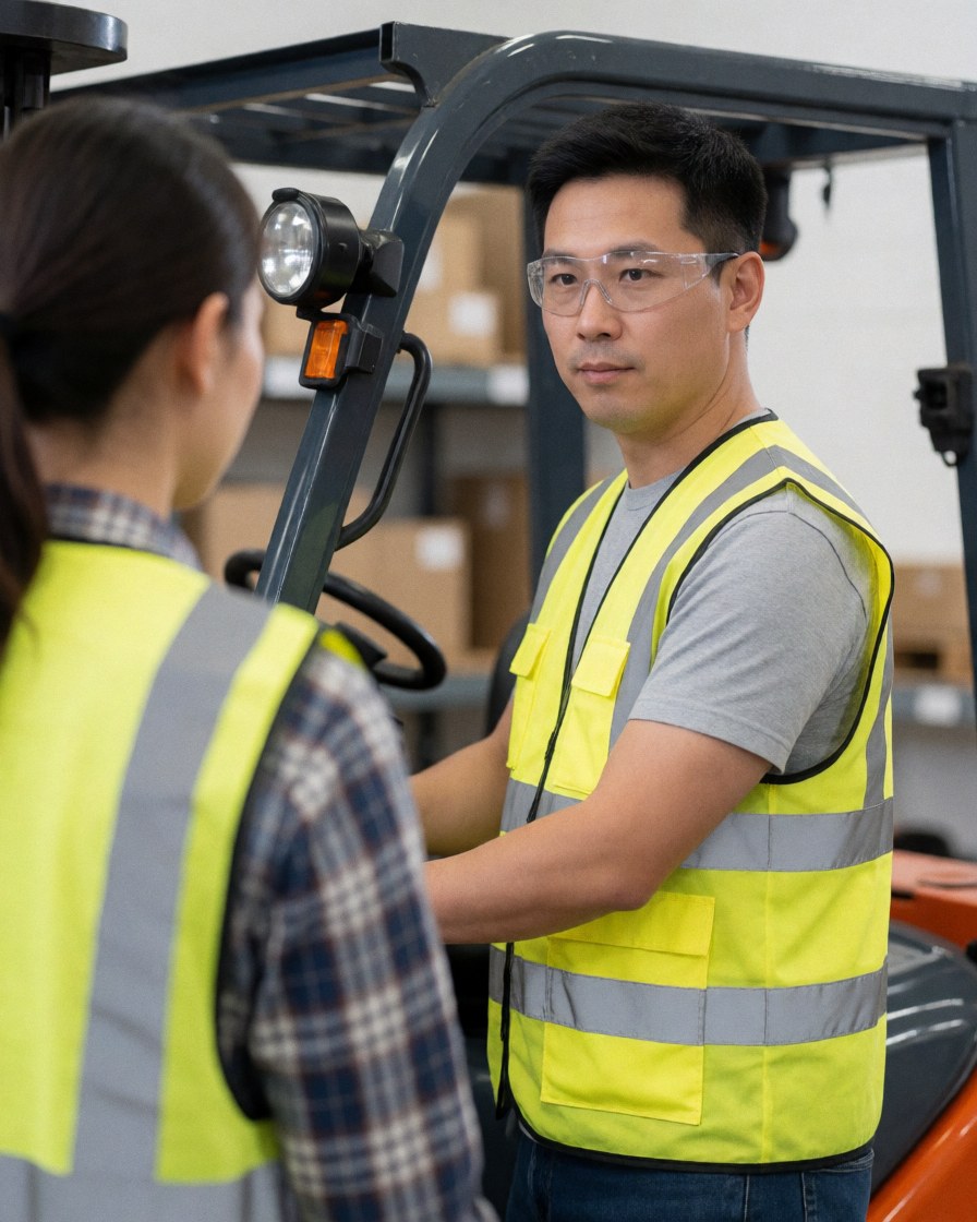 A worker operating a forklift inside a logistics warehouse, handling cargo and ensuring safe material movement within the facility.