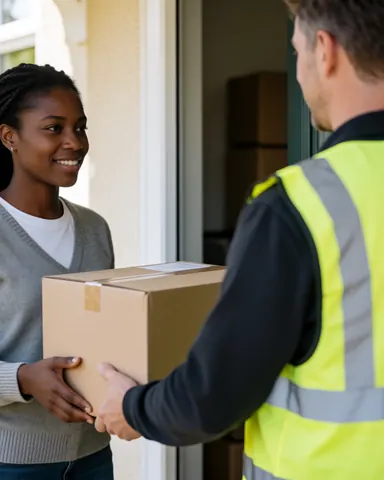 A delivery person hands a package to a smiling customer at their front door, illustrating a successful logistics transaction.