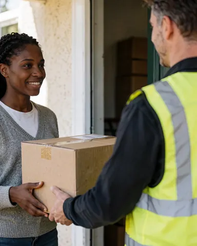 A delivery person hands a package to a smiling customer at their front door, illustrating a successful logistics transaction.