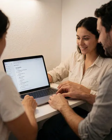 A satisfied woman smiling while looking at her laptop screen after finishing an online learning module for her business education.