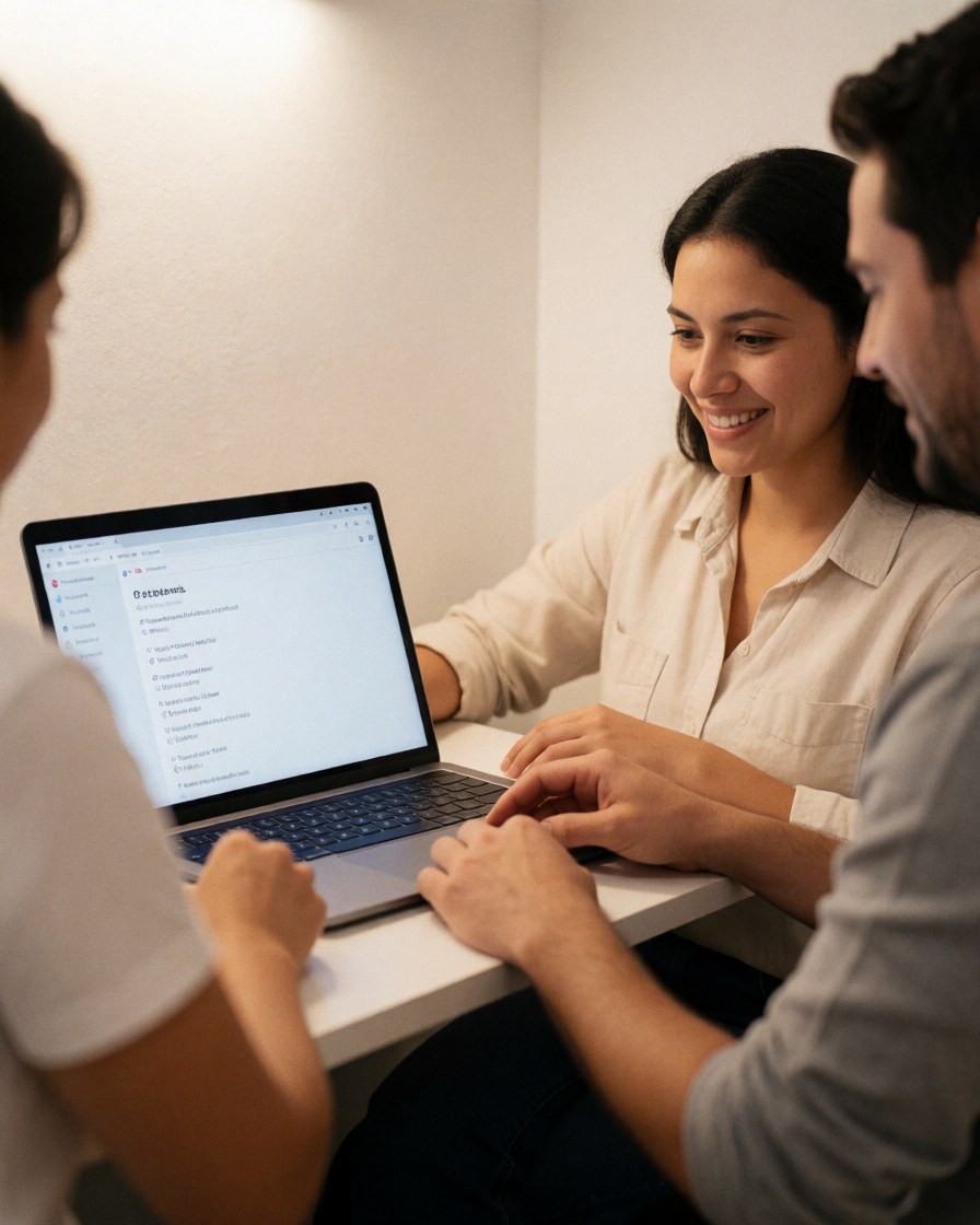 A satisfied woman smiling while looking at her laptop screen after finishing an online learning module for her business education.