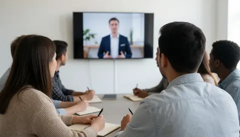 A diverse group of professionals sitting at a table, taking notes and listening attentively during a live online webinar session in a bright office setting.