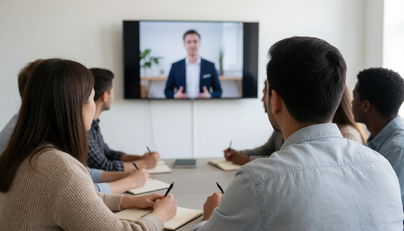 A diverse group of professionals sitting at a table, taking notes and listening attentively during a live online webinar session in a bright office setting.