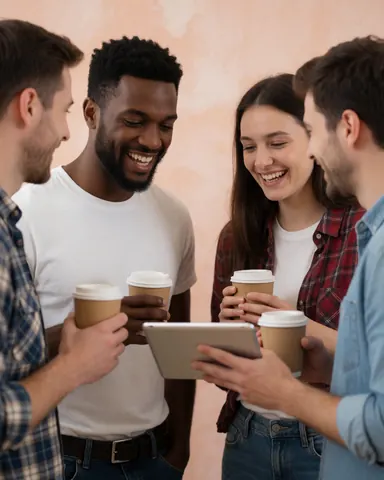 Four smiling young people in a co-working space looking at a tablet and holding coffee cups against terracotta walls