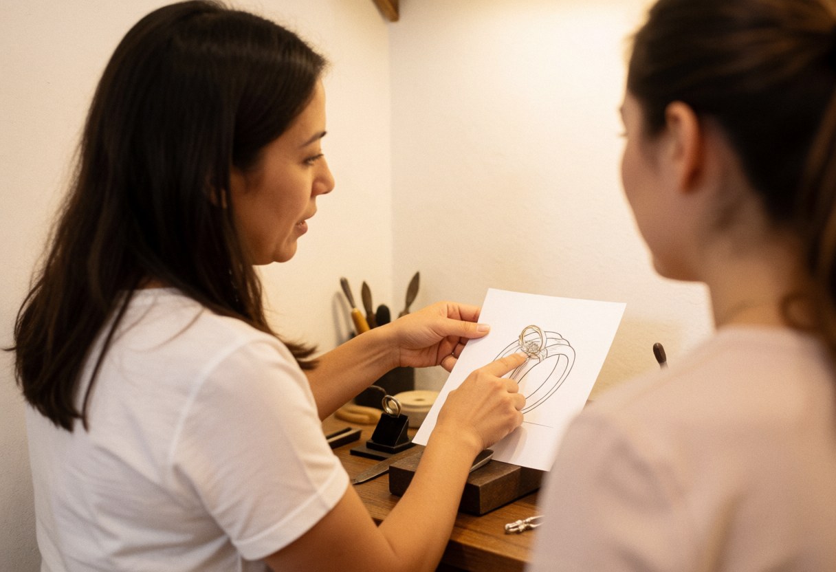 A jewelry consultant assists a client with a custom ring design at a work table with tools and warm lighting