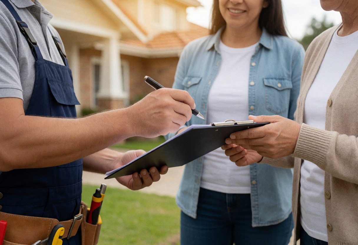 A professional plumber wearing a tool belt hands a work order clipboard to a satisfied client during an exterior home service call on a sunny day.