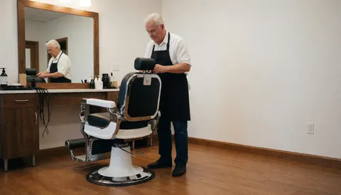 Senior barber adjusting a classic barber chair in an empty shop with white walls and wood floors, leaving space on the right for text or logo.