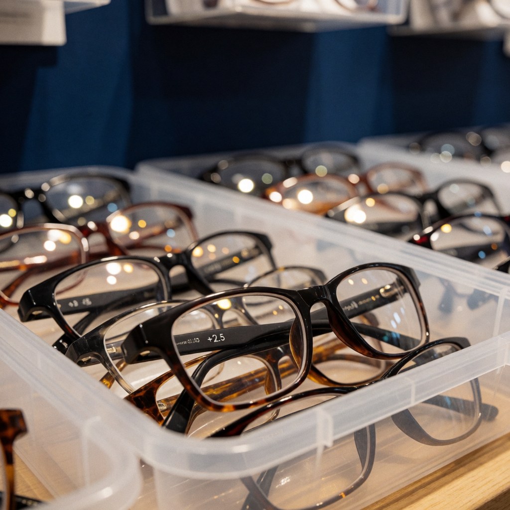 Close-up of reading glasses in a plastic case with a navy blue wall background and warm lighting, showing various eyewear options in the background.