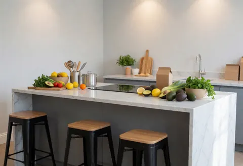A clean modern kitchen island with marble countertop displaying fresh avocados and lemons alongside cooking tools in a bright airy space