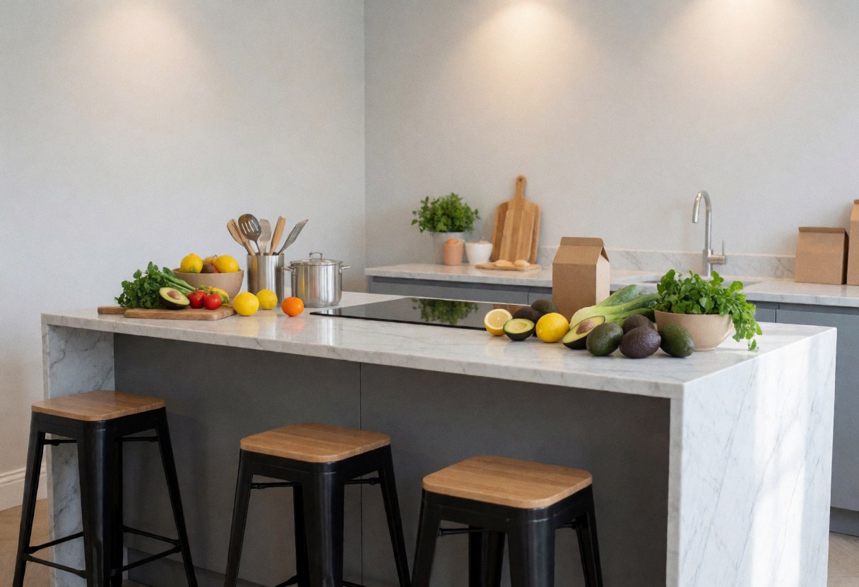A clean modern kitchen island with marble countertop displaying fresh avocados and lemons alongside cooking tools in a bright airy space