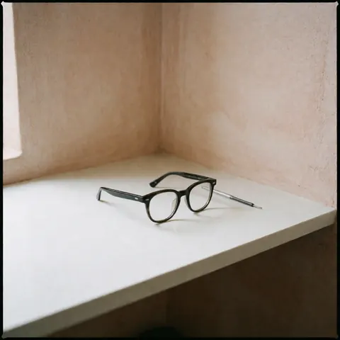 New black-framed eyeglasses resting on a clean white surface alongside a repair tool, with soft lighting and terracotta walls in the background