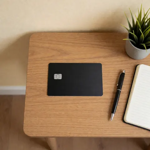 Black credit card, notebook, and pen on a wooden desk with a beige wall, clean professional scene for finance and banking