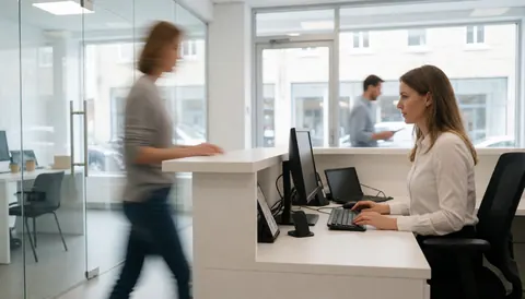 A professional real estate agent sitting at a modern office desk, working on a computer with a window view in the background.