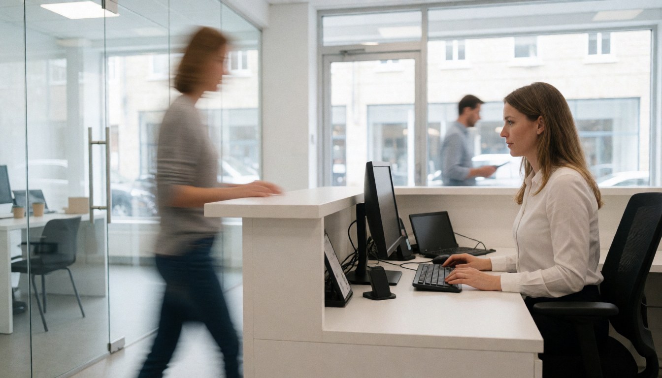 A professional real estate agent sitting at a modern office desk, working on a computer with a window view in the background.