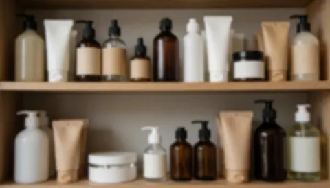 Wooden shelf displaying bottles and tubes of personal care products in earth tones, serving as a warm background for barber shop promotional text.