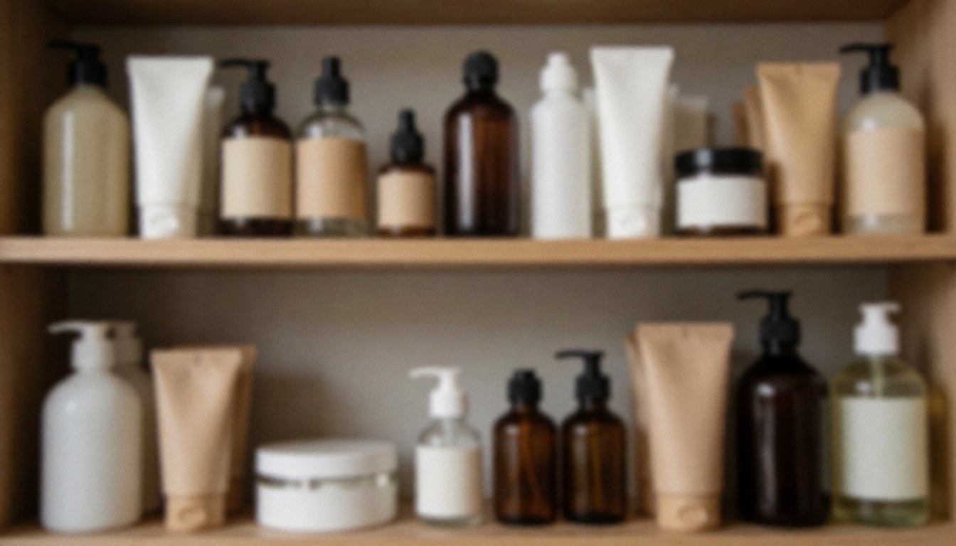 Wooden shelf displaying bottles and tubes of personal care products in earth tones, serving as a warm background for barber shop promotional text.
