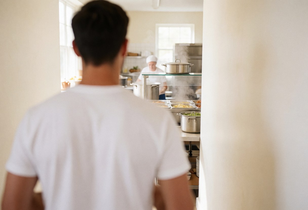 A volunteer walks through a bright community kitchen with a chef and steaming pots visible in the background.