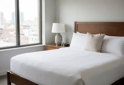 Hotel bedroom featuring a double bed, nightstand with lamp and water glass, window with city view, light walls, and natural daylight.
