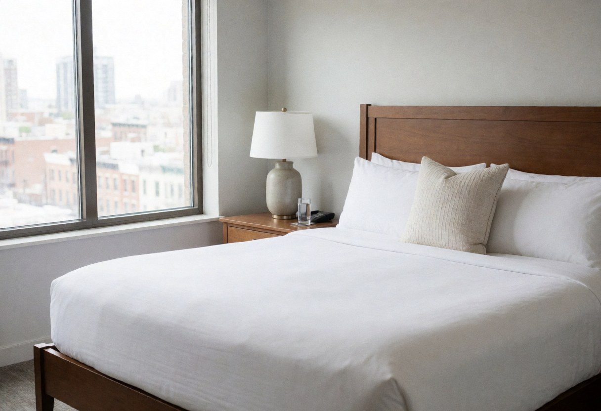 Hotel bedroom featuring a double bed, nightstand with lamp and water glass, window with city view, light walls, and natural daylight.
