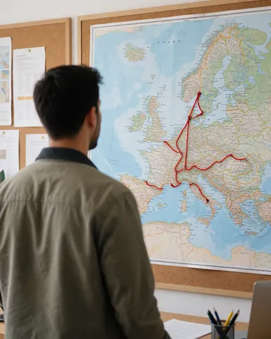 Back view of a travel agent observing a European map with a red string marking a route in an office with boards