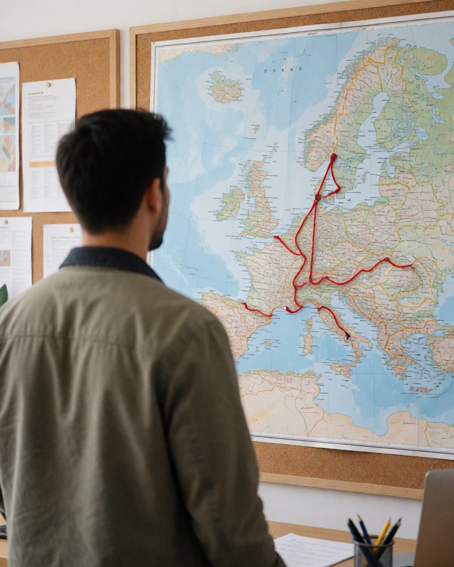 Back view of a travel agent observing a European map with a red string marking a route in an office with boards