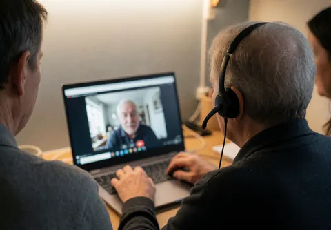 Senior person wearing headphones participating in a video call on a laptop, hands on keyboard, in a warm cozy room with gray walls.